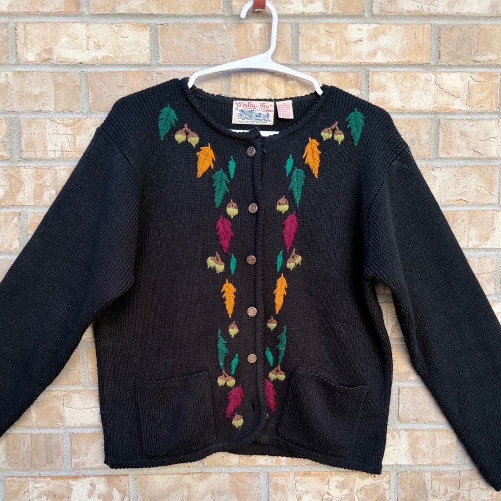 Vintage Tally-Ho Embroidered Autumn Leaf & Acorn Cardigan Sweater Size Small